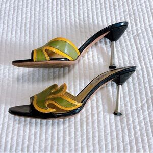 SS2012 Prada Hot Rod Yellow and Mint Patent Leathers Mule Heels
